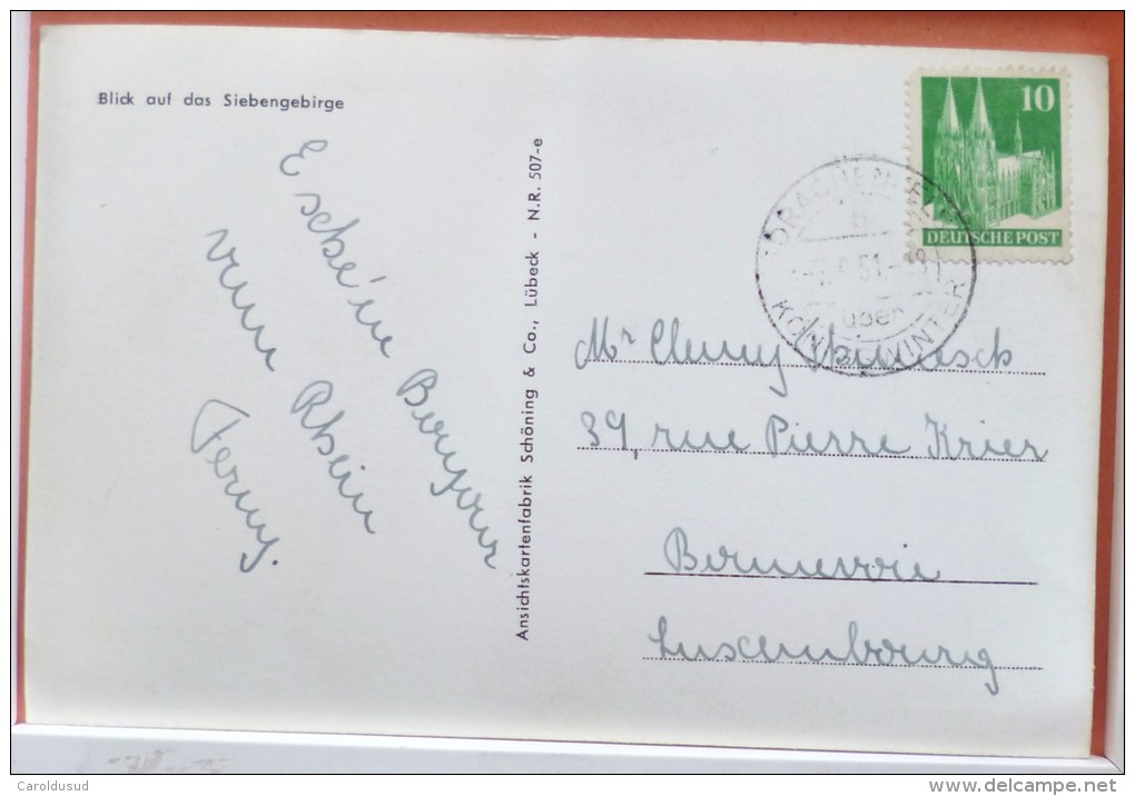 CP Blick Auf Das Siebengebirge Rosenau Petersberg Voyagé 1951 Timbre Cachet Drachenfels - Petersberg