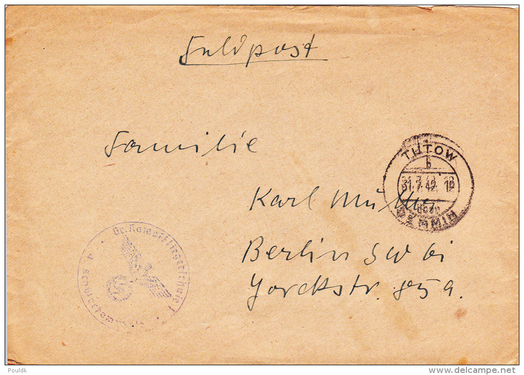 Feldpost WW2: Gr. Kampffliegerschule 1 In Tutow Dtd Tutow 31.7.1942 - Cover Only. Used The Following Aircraft: Do 17, Fw - Militaria