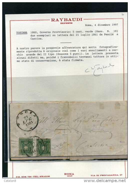 A1 GRANDUCATO DI TOSCANA GOVERNO PROVVISORIO 5 CENT. 2 ESEMPLARI SU LETTERA RAYBAUDI - Toscane