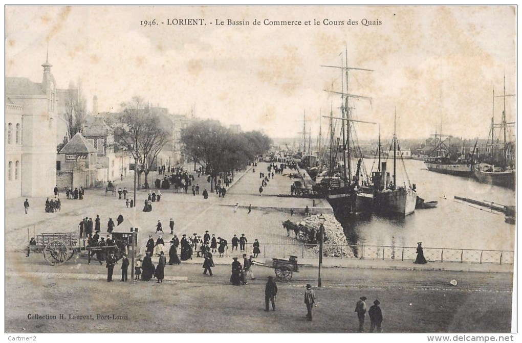 LOT DE 4 CPA DE LORIENT : PASSAGE TRAMWAY AU QUAI ET BASSIN DU PORT DE COMMERCE COURS LA BOVE REVUE DEFILE DU BATAILLON - Lorient