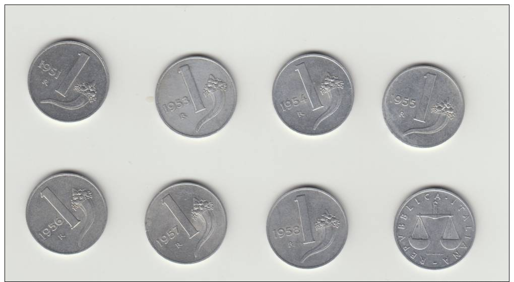 1 Lira 1951, 1953, 1954, 1955, 1956, 1957, 1958   LOTTO DA 1 LIRA  (7 Monete) - 1 Lira