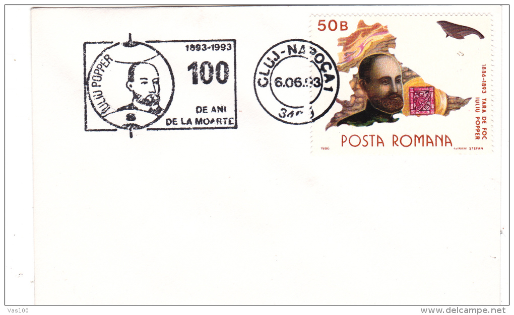 IULIU POPPER,EXPLORATEUR,1993,SPECIAL COVER ,OBLITERATION CONCORDANTE,ROMANIA. - Explorers