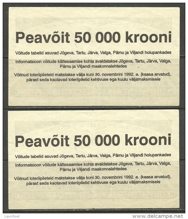 Estonia Estonie Estland Lottery Ticket Lotterilose 1992 - Lotterielose