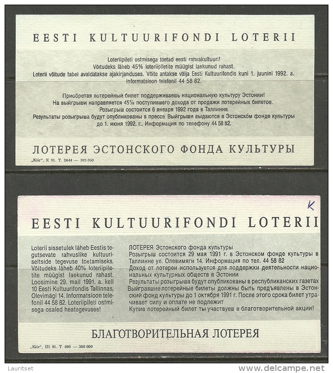 Estonia Estonie Estland Lottery Ticket Lotterilose 1991 - Lotterielose