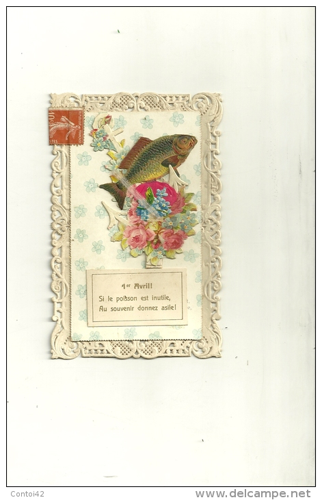 FANTAISIE 1er AVRIL POISSON GAUFREE DECOUPIS CHROMOGRAPHIE FETE FLEURS RUBAN ANCRE DE MARINE CARTE A SYSTEME - 1er Avril - Poisson D'avril