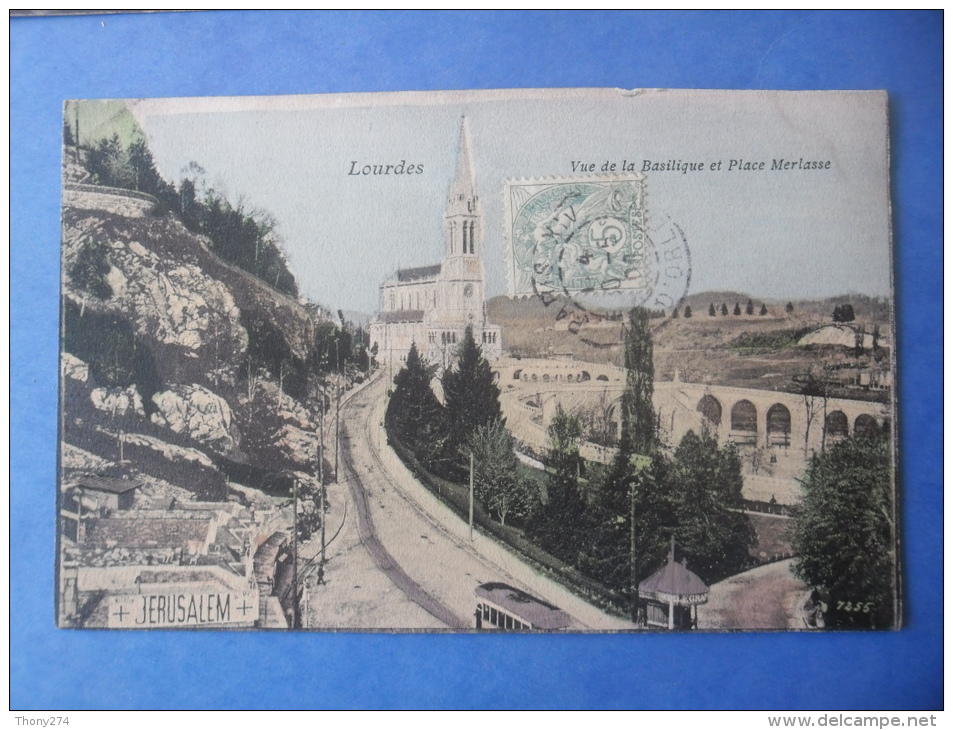 65-LOURDES Vue De La Basilique Et Place Merlasse , Tram , Circulée En 1906 - Lourdes