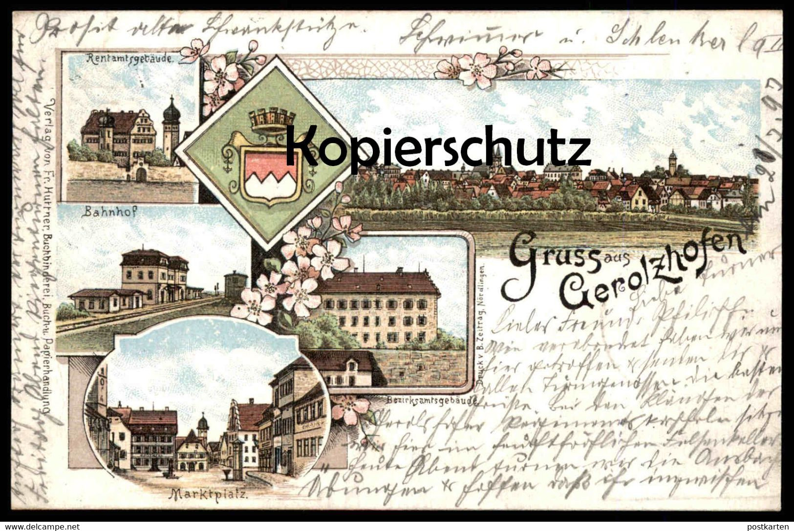 ALTE LITHO-POSTKARTE GRUSS AUS GEROLZHOFEN 1897 Rentamtsgebäude Bahnhof Marktplatz Bezirksamtsgebäude Cpa Postcard AK - Gerolzhofen