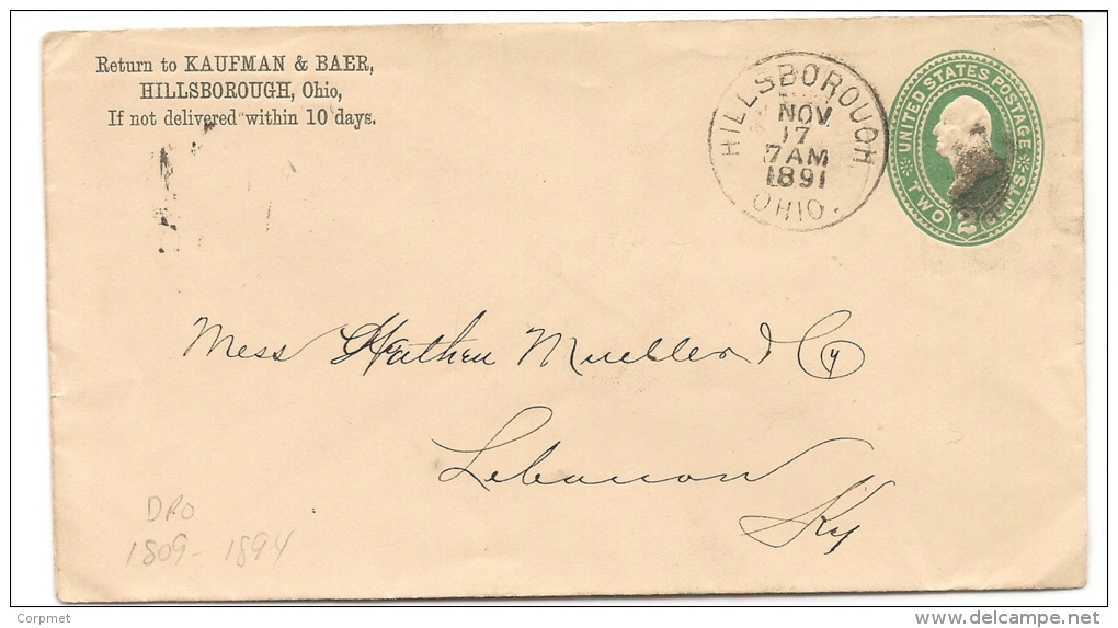 US - 1891 VF ENTIRE COVER - From HILLSBOROUGH, OHIO To LEBANON, KANSAS -at Back TRANSIT CDS CINCINNATI, OHIO & RECEPTION - ...-1900