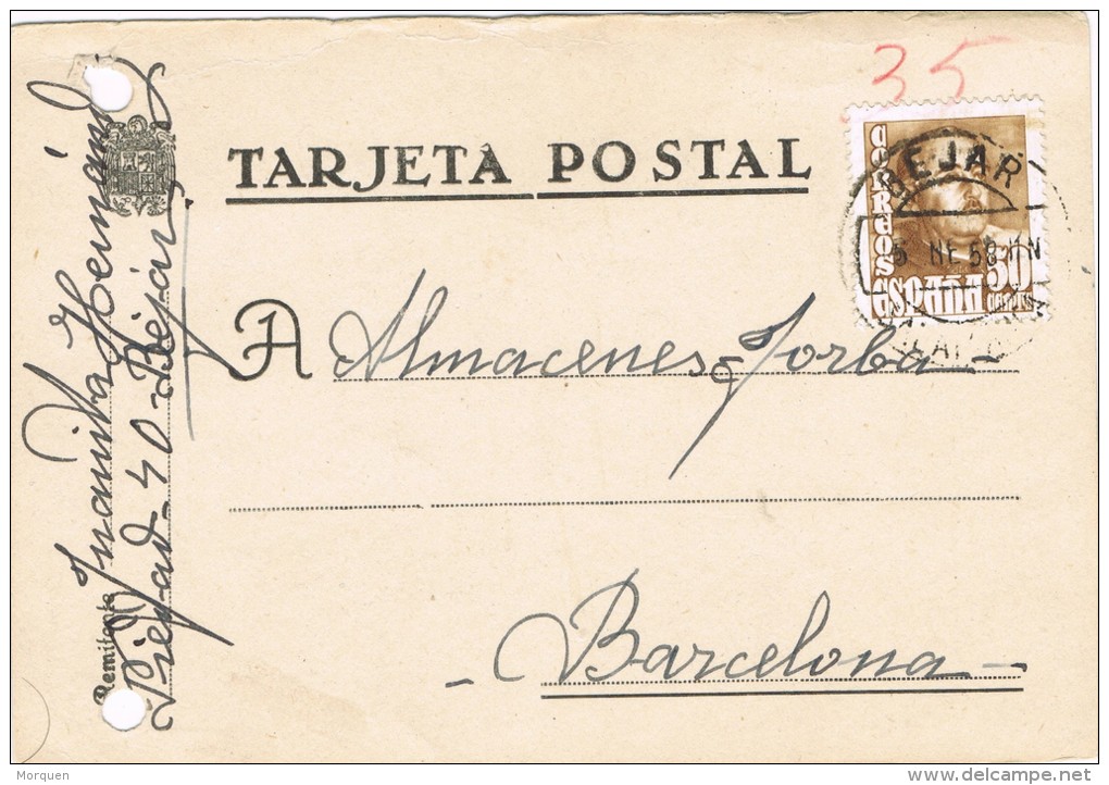 3654. Tarjeta BEJAR (Salamanca) 1950. A Almacenes Jorba De Barcelona - Cartas & Documentos