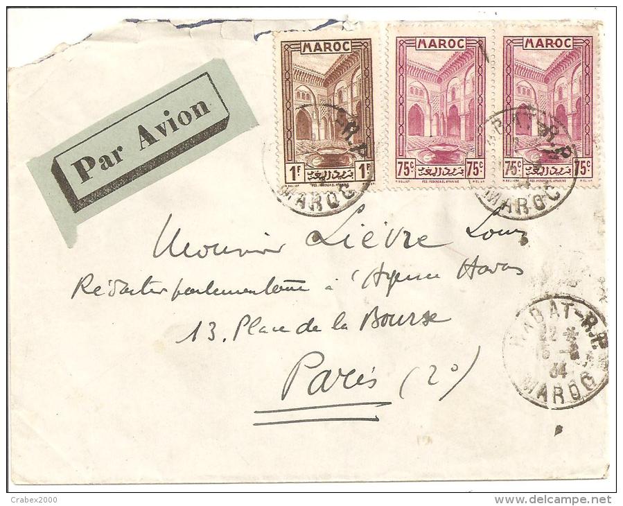 N°Y&T 143+142X2  RABAT Vers  PARIS  Le   16 MARS1934 - Covers & Documents