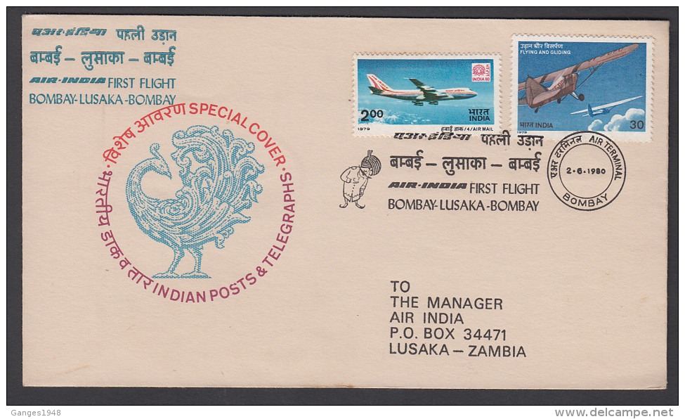 India  1980  BOMBA-LUSAKA-BOMBAY  First Flight Cover By Air India # 40878 Indien Inde - Corréo Aéreo