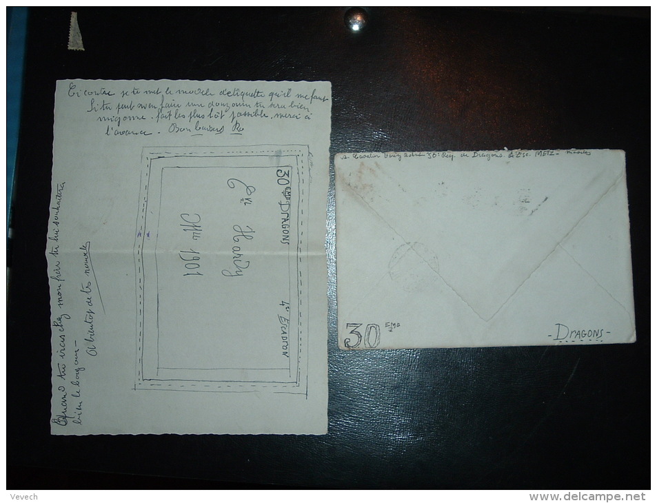 LETTRE TP PAIX 90C OBL.MEC. 11 V 1939 METZ R.LAFAYETTE (57 MOSELLE) + DESSIN 30EME DRAGONS 4E ESCADRON METZ - Guerre De 1939-45