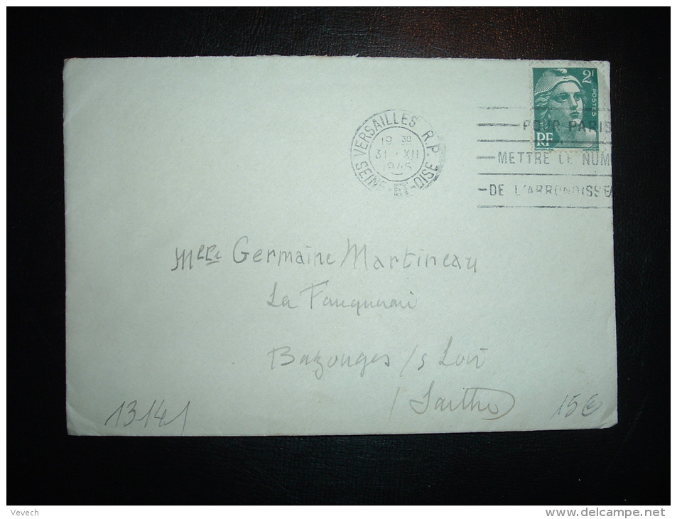 LETTRE TP MARIANNE DE GANDON 2F OBL.MEC. 31 XII 1945 VERSAILLES RP (78 YVELINES) DERNIER JOUR DE TARIF - 1945-54 Marianne Of Gandon