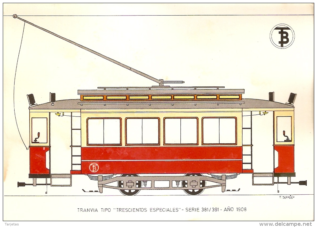 POSTAL DE ESPAÑA DEL TRANVIA TIPO TRESCIENTOS ESPECIALES DEL AÑO 1908 (TREN-TRAIN-ZUG) TRANSPORTES DE BARCELONA - Tranvía