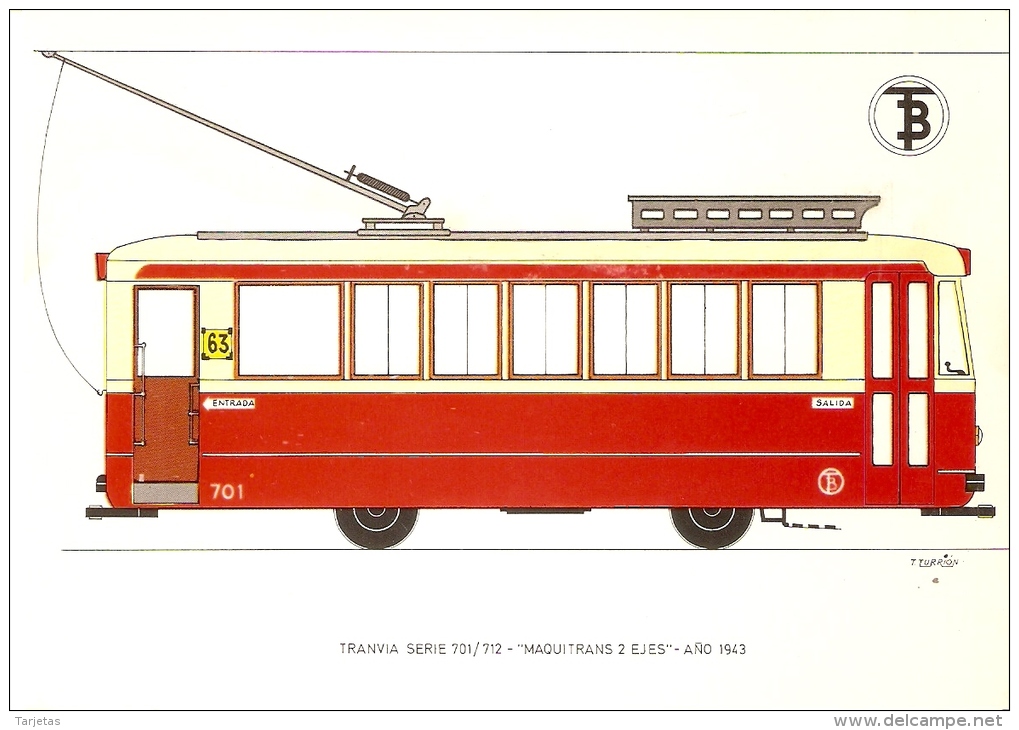 POSTAL DE ESPAÑA DEL TRANVIA MAQUITRANS 2 EJES DEL AÑO 1943 (TREN-TRAIN-ZUG) TRANSPORTES DE BARCELONA - Tranvía