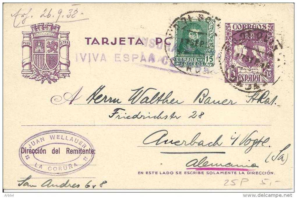 ENTERO POSTAL REYES CATOLICOS CON FRANQUEO ADICIONAL A ALEMANIA MAT RARO ORIGEN RIO DE QUINTAS CORUÑA MARCA DE CENSURA - Lettres & Documents