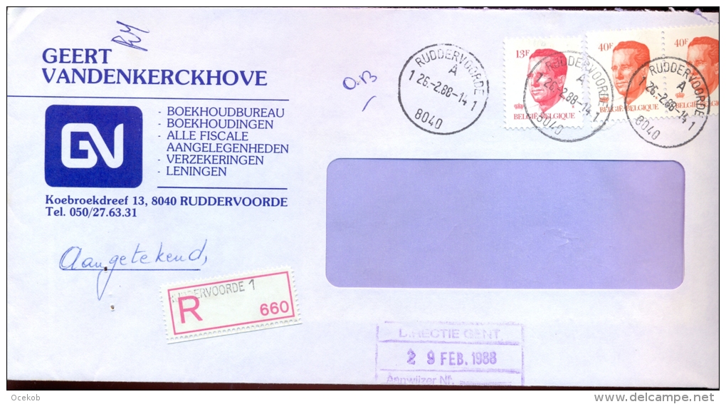 Omslag Enveloppe Aangetekend  Stempel Ruddervoorde 660 - Pub Reclame Geert Vandenkerckhove 1988 - Omslagen