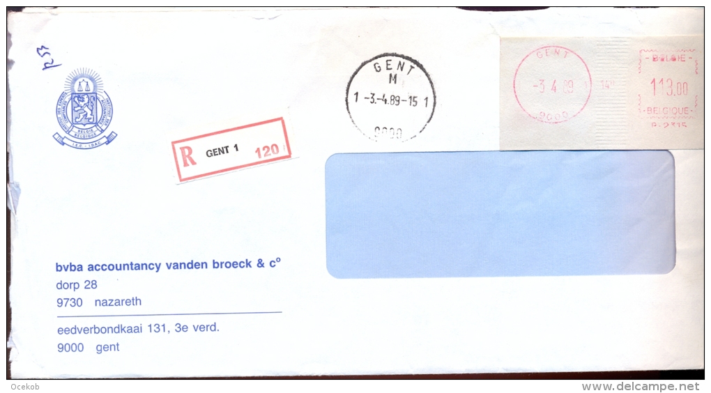 Omslag Enveloppe Aangetekend  Stempel Gent 1 - 120 Pub Reclame Vanden Broeck Nazareth 1989 - Enveloppes