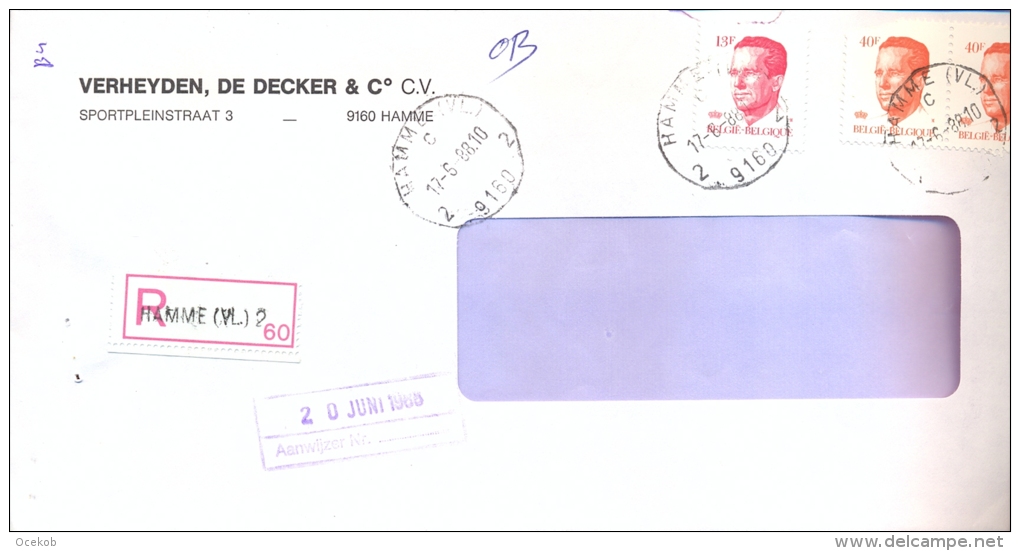 Omslag Enveloppe Aangetekend Stempel Hamme 60 - Pub Reclame Verheyden - De Decker  1988 - Enveloppes
