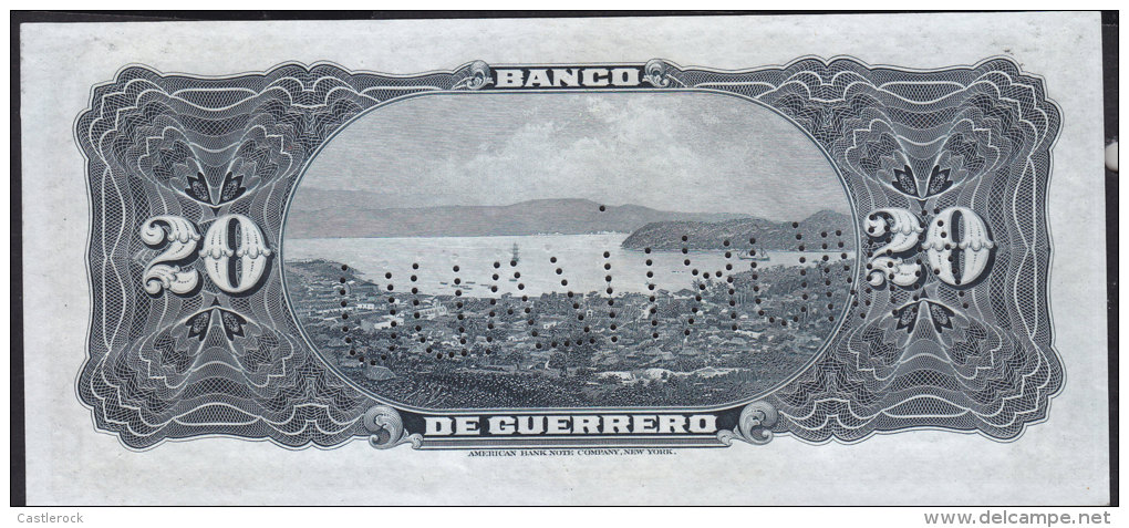 G)MEXICO, GUERRERO, PROVISIONAL 20 PESO BANKNOTE, NEW UNC, NICE CONDICION, PUNCH AMORTIZADO PROOF. BANCO DE GUERRERO, XF - Mexique