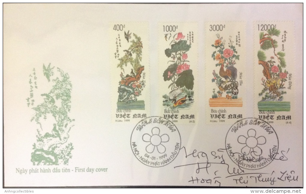 Vietnam: Traditional Painting: Flowers In 4 Seasons - FDC - Designed Artist´s Signature - Fine - Grabados