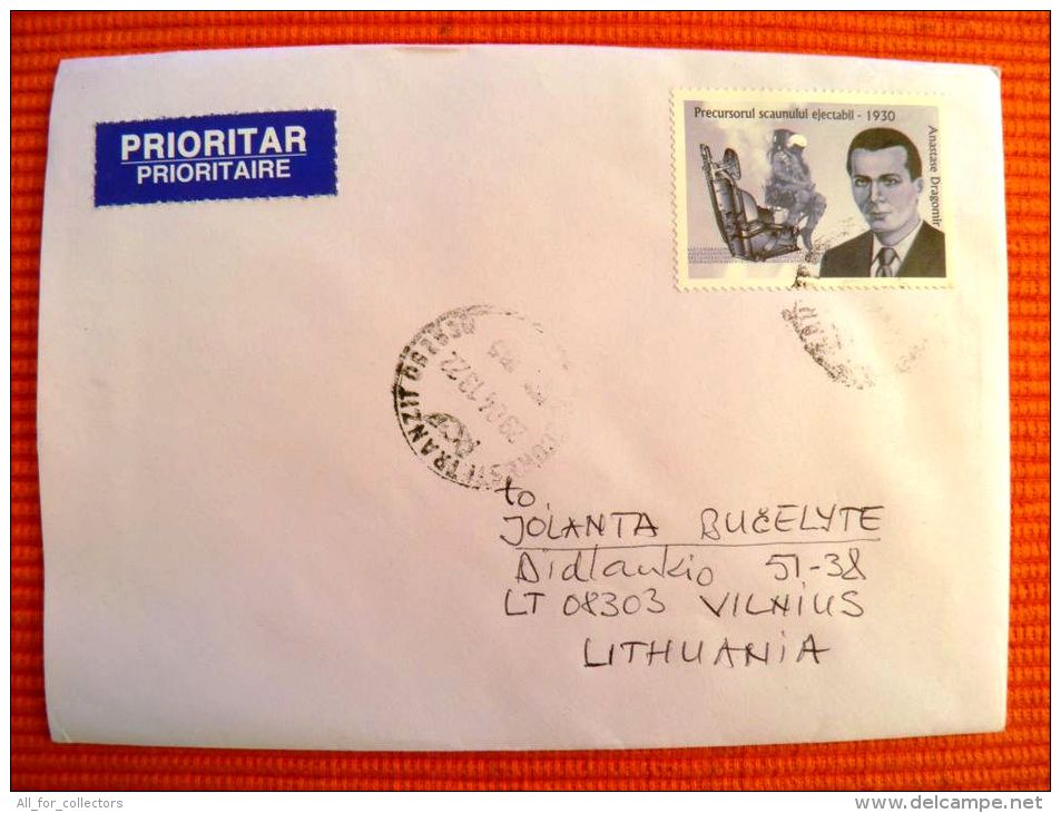 Cover Sent From Romania To Lithuania On 2013, Anastase Dragomir Inventor Of Airplane Panic Rack - Storia Postale
