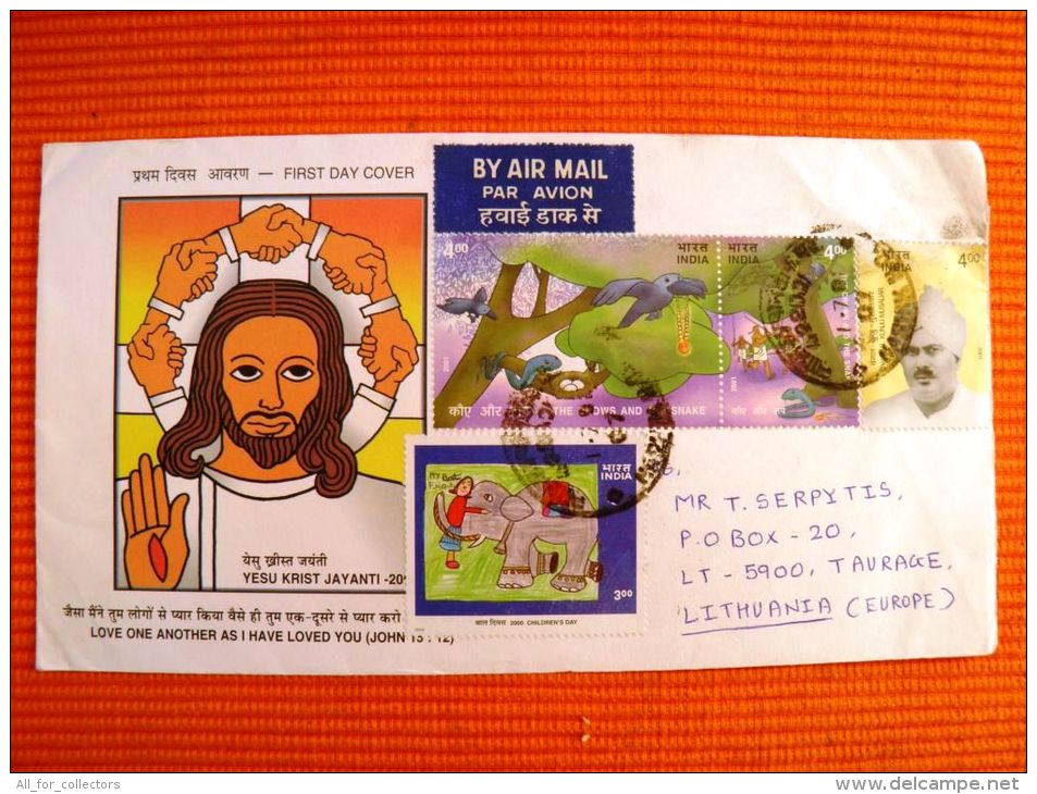 Cover Sent From India To Lithuania On 2002, The Crows And The Snake Cartoon Children's Day Painting Of Child Elephant - Storia Postale