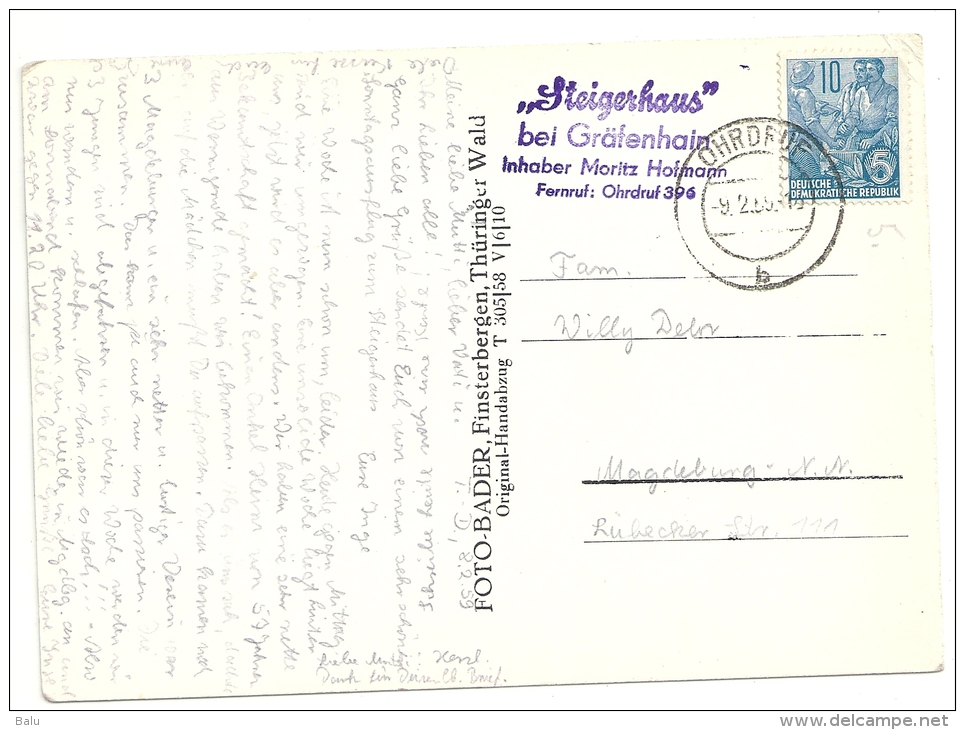 AK SW Steigerhaus Bei Gräfenhain, Ohrdruf, Original Handabzug 1958. Gestempelt 9.2.59 - 2 Scans, 14,6 X 10,5 Cm - Tambach-Dietharz