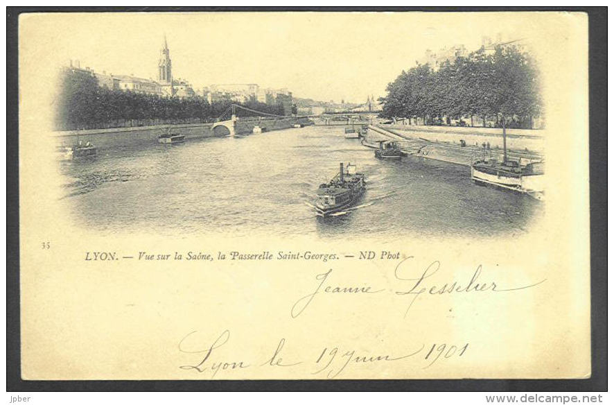 France - CF007 - CP Lyon - (2scan) La Saône, La Passerelle Saint Georges - Bateaux Péniches - Timbre Type Blanc N°111 1A - Andere & Zonder Classificatie