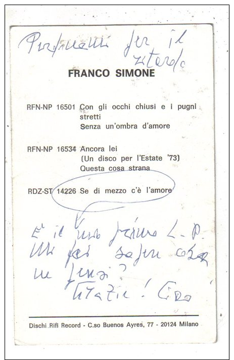 SPETTACOLI - CANTANTI - MUSICA - MUSICISTI - FRANCO SIMONE - Autografo - Musica E Musicisti