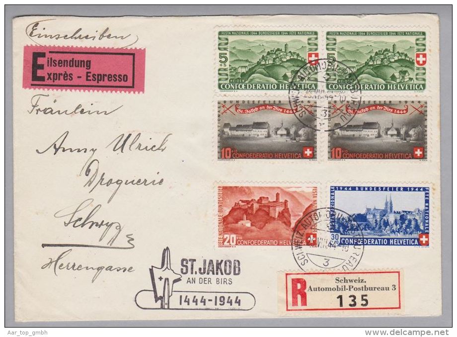 Schweiz Pro Patria 1944-08-22 Automobil-Poststempel Auf Express-R-Brief Mit Sonderstempel St.Jakob A.d.Birs - Cartas & Documentos