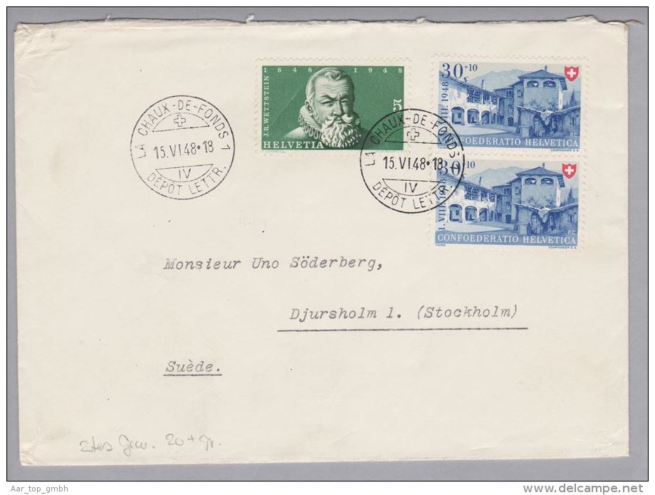 Schweiz Pro Patria 1948-06-15 La Chaux-de-Fonds Brief Nach Djursholm Schweden 2tes Gew. - Cartas & Documentos