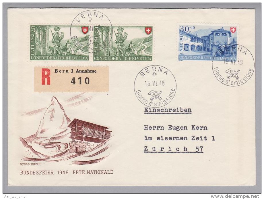 Schweiz Pro Patria 1948-06-15 Berna Giorno D'emissione Bedarfs-R-Brief. - Storia Postale