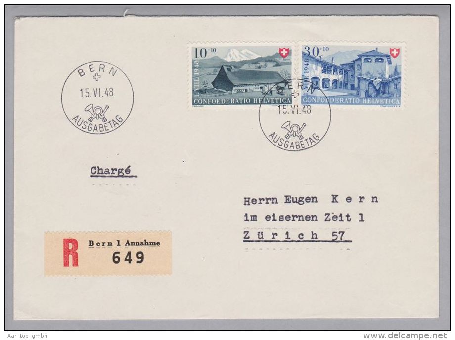 Schweiz Pro Patria 1948-06-15 Bern Ausgabetag Bedarfs-R-Brief - Briefe U. Dokumente