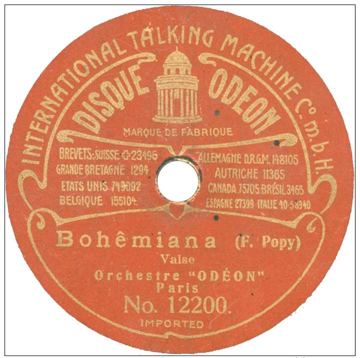 Disque 78T / 19 Cm Deux Faces – Orchestre Odéon – Odéon N° 12200/12205 – "Bohêmiana" / "Estudiantina" - 78 T - Disques Pour Gramophone