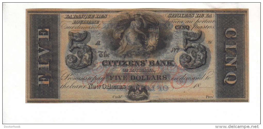CITIZEN'S BANK---New Orleans    $5.00  DOLLAR  Bill  1850's-60's Haxby LA-15-G12c--- PMG 66-EPQ-UNC. - Andere & Zonder Classificatie