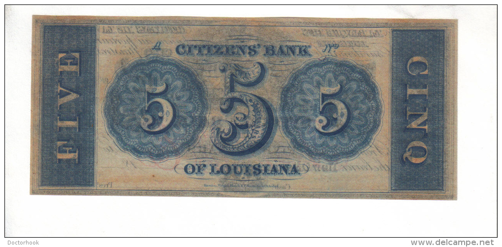 CITIZEN'S BANK---New Orleans    $5.00  DOLLAR  Bill  1850's-60's Haxby LA-15-G12c--- PMG 66-EPQ-UNC. - Sonstige & Ohne Zuordnung