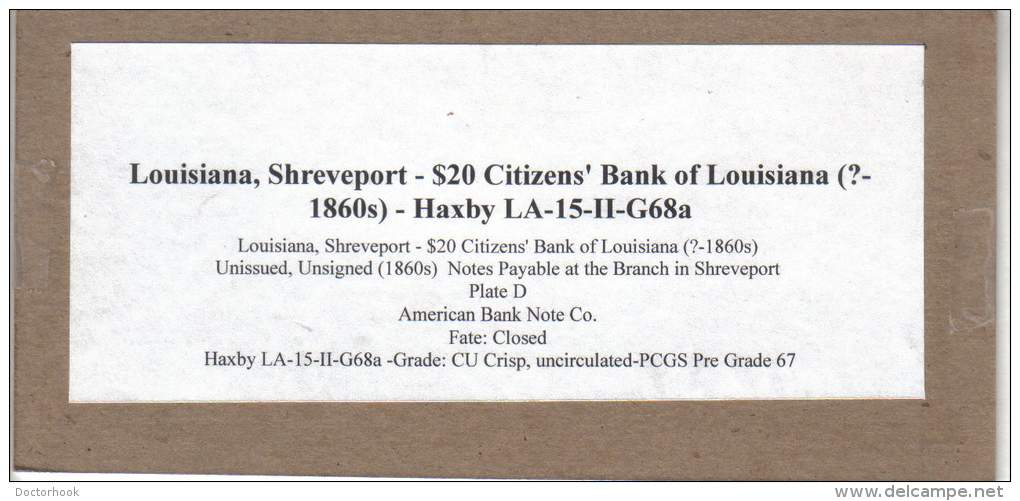 CITIZEN'S BANK---New Orleans    $20.00  DOLLAR  Bill  1860's Haxby LA-15-II-G68a---CU Crisp PCGS 67 - Andere & Zonder Classificatie