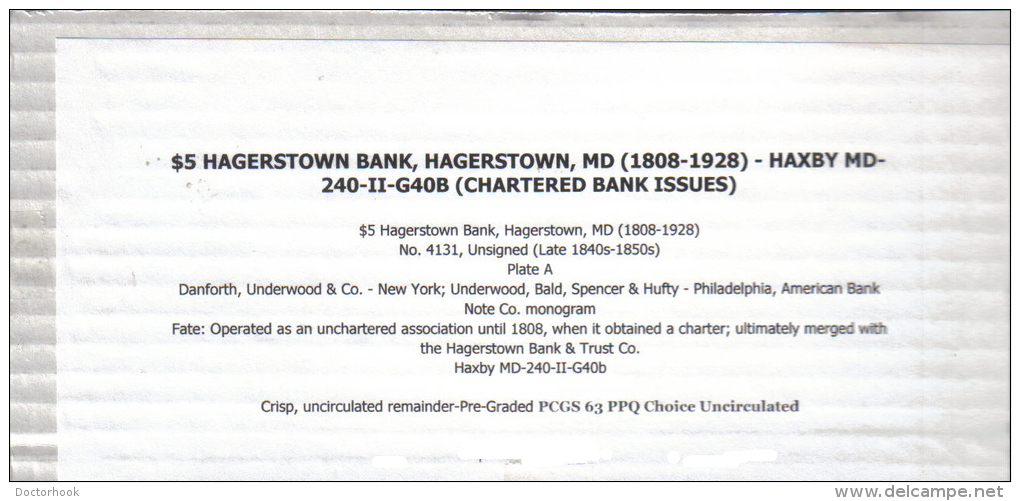 HAGERSTOWN---Maryland    $5.00  DOLLAR  Bill  (1808-1928 ) Haxby MD-240-II-G40B---PCGS 63 Choice UNC. - Maryland