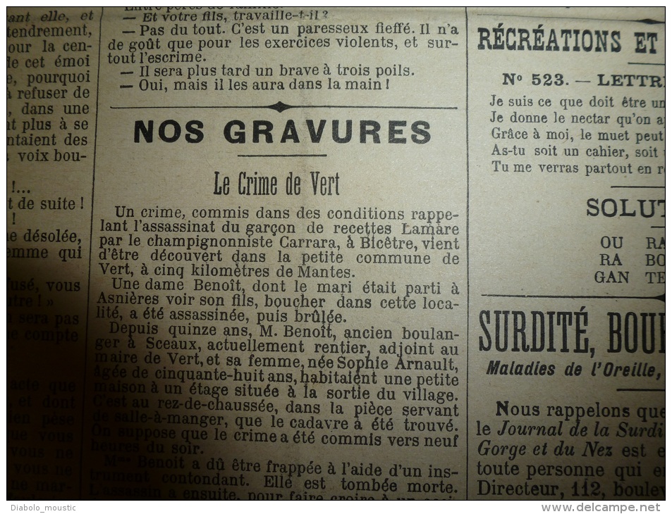 1898  LE PETIT PARISIEN : Le Crime De Vert à 5km De Mantes , Assassinée Et Brûlée; Un Duel A La Hache ...tragique; - Le Petit Parisien