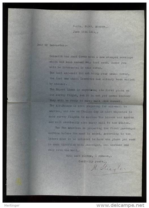 Portugal 1939 Uprated Aerogram ACORES HORTA To NEW YORK Letter Inside - Cartas & Documentos