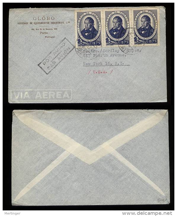 Portugal 1946 Airmail Cover Strip Of 3  1$75 Brotero To USA - Covers & Documents