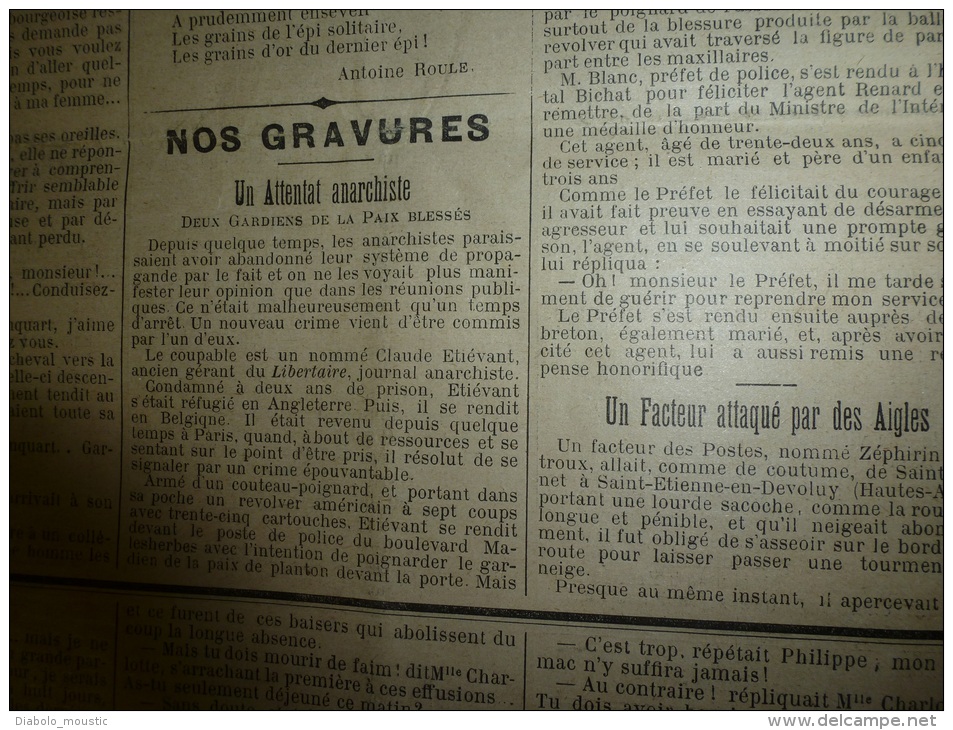 1898  LE PETIT PARISIEN :Le Facteur Attaqué Par Des Aigles; Attentat Anarchiste ; Sauvés Par Les COCHONS Du "Kameruka" - Le Petit Parisien