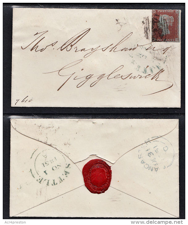 O0011 GREAT BRITAIN (GB) 1851, 1d Red Imperf, Blued Paper, Lancaster To Giggleswick, Settle Backstamp - Storia Postale
