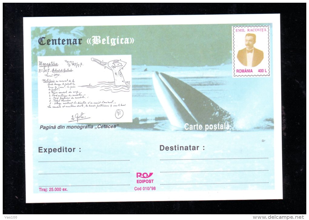 EMIL RACOVITA ,EXPLORATEUR,PAGE TO MONOGRAPHY "CETACES", 1998, POSTCARD STATIONERY ,UNUSED,ROMANIA - Onderzoekers