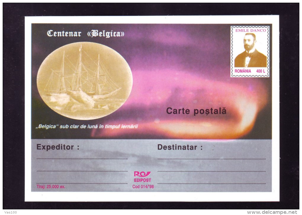 EMILE DANCO ,EXPLORATEUR," BELGICA" UNDER  THE MOON WINTER, 1998, POSTCARD STATIONERY ,UNUSED,ROMANIA - Explorateurs