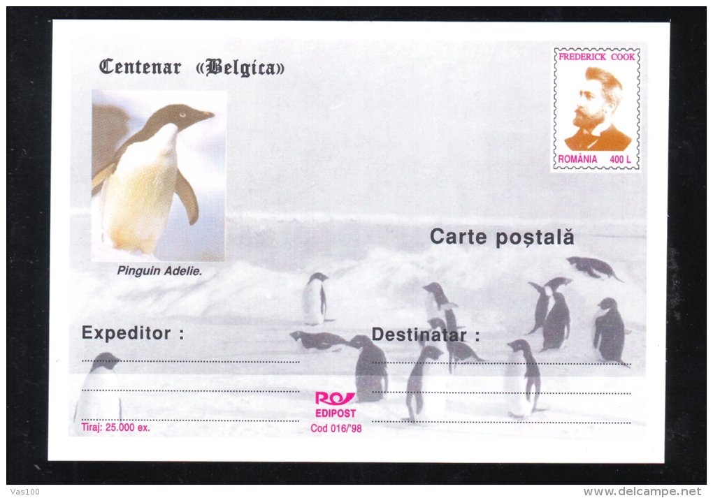 FREDERICH COOK ,EXPLORATEUR, PENGUIN ADELIE 1998, POSTCARD STATIONERY ,UNUSED,ROMANIA - Esploratori