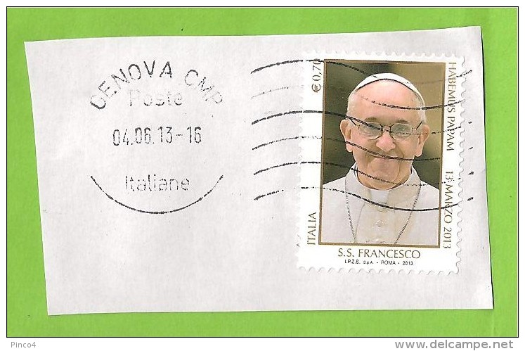 ITALIA REPUBBLICA PAPA FRANCESCO 0,70 2013 USATO SU FRAMMENTO - 2011-20: Oblitérés