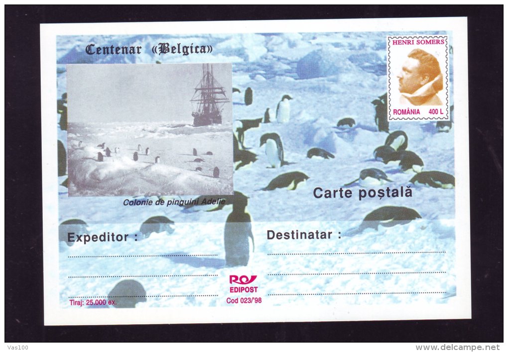 HENRY SOMERS ,EXPLORATEUR,COLONY TO ADELIE PENGUINS,1998, POSTCARD STATIONERY ,UNUSED,ROMANIA - Erforscher