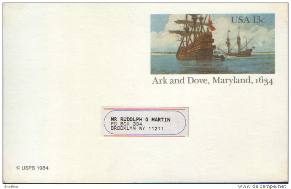 United State-Postal Stationery Postcard 1984-Ark And Dove,Maryland,March 25, 1634 On The Potomac River - 1981-00